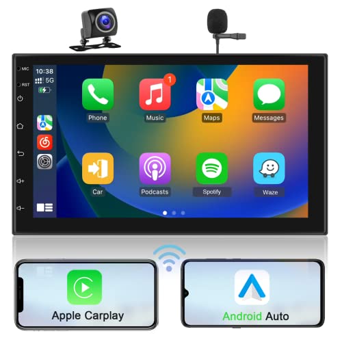 Wireless Carplay Android Auto Android Double Din Car Stereo with GPS Navi AHD Backup Camera,podofo 7 inch Touch Screen Bluetooth Car Radio Support WiFi RCA Output HiFi Car Audio Receivers