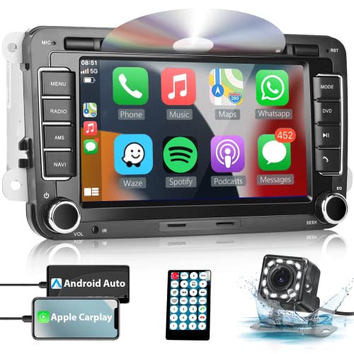 Double Din Car Stereo for VW Jetta Passat Tiguan CC Golf with Apple Carplay&Android Auto 7 HD Touchscreen Head Unit Support DVD GPS Bluetooth FM Car Radio with Backup Camera+ Steering Wheel Controls