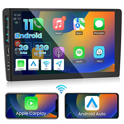 2G+32G Android 11 Car Stereo with Wireless Carplay 9 Inch Touchscreen Wireless Android Auto Double Din Car Radio Support Bluetooth GPS Navigation WiFi FM Radio USB HiFi Mic + AHD Backup Camera