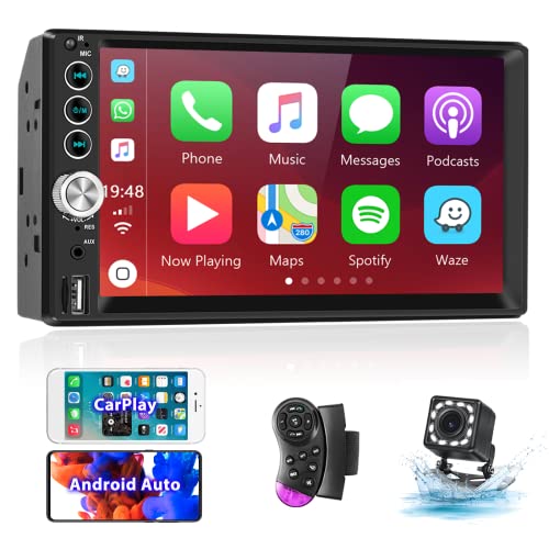 Double Din Car Stereo with Apple Carplay Android Auto Bluetooth Call Mirror Link 7 Inch Touch Screen USB/TF/AUX FM Radio Receiver with Backup Camera Steering Wheel Controls+Wireless Remote Control