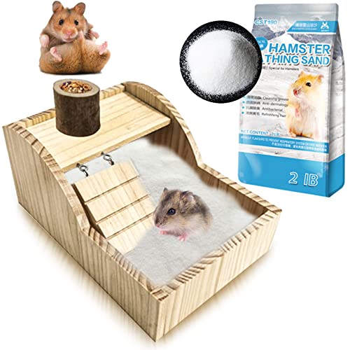 Hamiledyi Hamster Sand Bath Kit, Wooden Bathing Sand Container with Ladder Chinchilla Digging Sand Bathtub Small Animals Sandbox for Dwarf Syrian Mice Mouse Gerbils Hedgehog Lemming