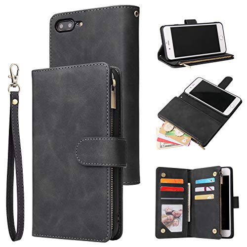 UEEBAI Wallet Case for iPhone 7 Plus iPhone 8 Plus, Premium Vintage PU Leather Magnetic Closure Handbag Zipper Pocket Case Kickstand Card Holder Slots with Wrist Strap TPU Shockproof Flip Cover-Black