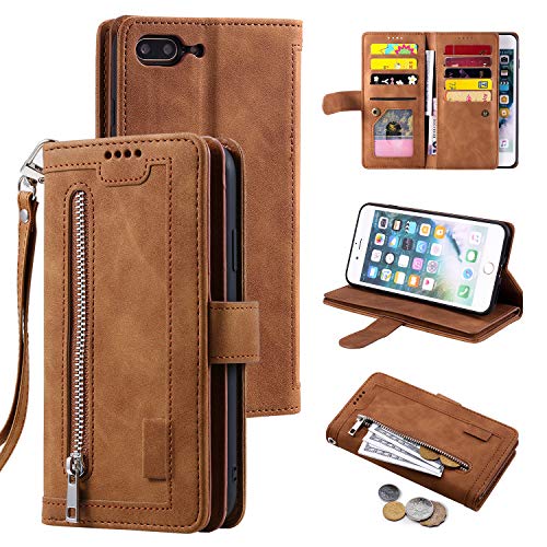 UEEBAI Wallet Case for iPhone 7 Plus iPhone 8 Plus, Retro 9 Card Slots Zipper Pocket Handbag Case PU Leather Magnetic Closure Kickstand with Wrist Strap TPU Flip Case - Brown