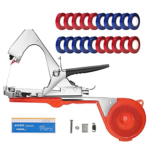 DrRobor Plant Tying Machine Tomato Tape Tool Fruit Twine Tool with 21 Rolls of Tape and 1 Box of Staple for Garden Vegetable Grape Cucumber Pepper