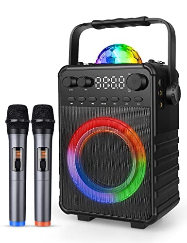 Amazmic Karaoke Machine with 2 Wireless Microphones, Bluetooth Portable PA System Bluetooth Speaker with Disco Lights for Kids & Adults, Family Party/Speach, Supports TF Card/USB, AUX in, FM