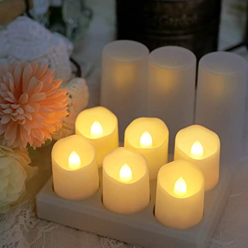 FPOO Rechargeable Tea Lights LED Flameless Christmas Candles, Set of 6 Electric Votive Tealights Flickering Candle with Remote Timer and Charging Holder for Home Centerpiece Party Holiday Decorations