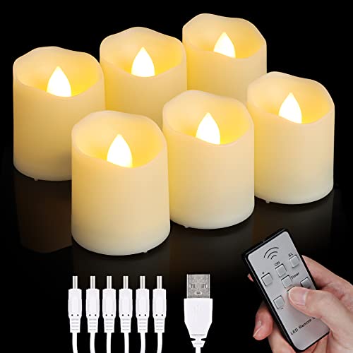 Rechargeable LED Tea Lights USB Flameless Warm White Votive Candles with Remote Battery Flickering Tealights Candle for Halloween Christmas Romantic Home Decoration (6 Packs,Warm White)