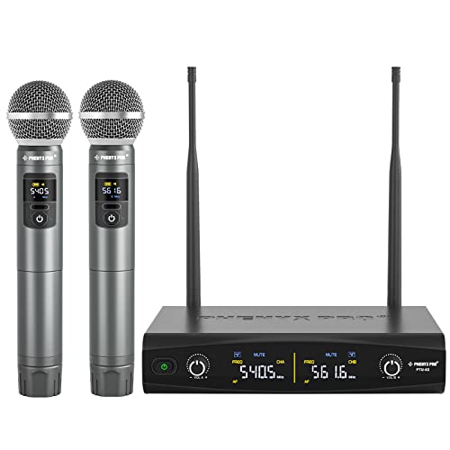 Phenyx Pro Wireless Microphone System, Metal Wireless Mic Set with Case,Handheld Cordless Dynamic Microphones for Singing, Karaoke, Church, DJ, 2x30 UHF Adjustable Frequencies, 200ft Range (PTU-52)