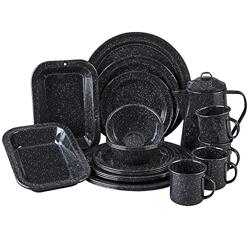 Cinsa 23 Pieces Classic Enamelware (Black) - Complete Table Set 4 People Includes: Coffee Pot, Mugs, Plates & Bowls - Indoor & Outdoor - Camping, Farmhouse Kitchen, Party Outdoor
