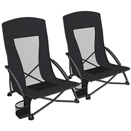 SONGMICS Portable Beach Chair, with High Backrest, 330 lb Load, Cup Holder, Foldable, Lightweight, Comfortable, Heavy Duty, Outdoor Chair, Black UGCB067B01