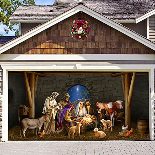 FAJOME Merry Christmas Garage Door Decorations, Christmas Backdrop Hanging Banner Door Decor Murals for Outdoor Nativity Holiday Christmas Party Supplies (Color : U, Size : 7x16FT)