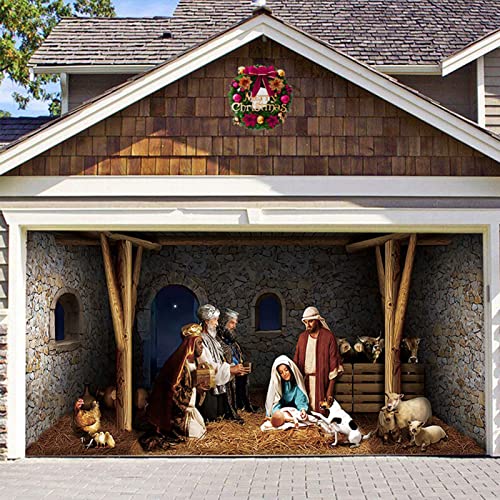 JUMPGA Christmas Garage Door Decorations Christmas Garage Door Banner Murals Cover 7 x 16 ft Large Nativity Scene Outdoor Merry Christmas Backdrop Background Sign for Christmas Holiday Party(A)