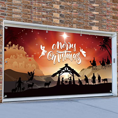 Christmas Nativity Garage Door Banner Cover Extra Large Fabric Nativity Scene Christmas Backdrop Photo Booth Background Yard Sign for Xmas Holiday Winter New Year Eve Party Decorations Supplies,6x13ft