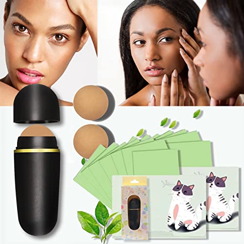 Oil-Absorbing Volcanic Face Roller Reusable Portable Oil Control Roller Instant Effect Removes Excess Shine Facial Care Tools with 2Pcs Replaceable Volcanic Balls 2Pcs Oil-absorbent Facial Tissue