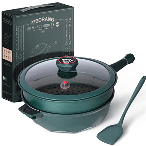 TIBORANG 7 in 1 Multipurpose 11 Inch 5 Quart Heat Indicator Nonstick Deep Frying Pan with Glass Lid, Stay-cool Handle, Steamed Grid, PFOA-Free,Dishwasher and Oven Safe,Works with All Stovetops(Green)