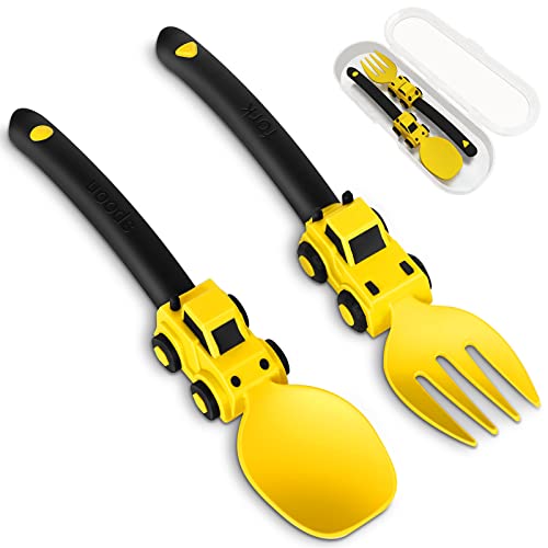 Construction Toddler Utensils - Toddler Forks and Spoons - Kids Spoon and Fork Set - Suitable for Kids Utensils - Baby Utensils, Portable Utensils Set for 1 2 3 4 5 year old Toddlers - Yellow