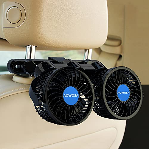 AOWOSA Car Fan 12V Automobile Cooling Fan for Backseat, Portable Cigarette Lighter Plug Car Seat Fan 360 Degree Dual Head Rotatable with Stepless Speed Regulation for SUV, RV, Van, Vehicles