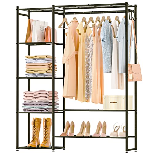 Neprock Clothing Rack with Shelves, Portable Wardrobe Closet for Hanging Clothes with Hanging Rods, Free Standing Closet Rack Shelves Closet Organizers and Storage