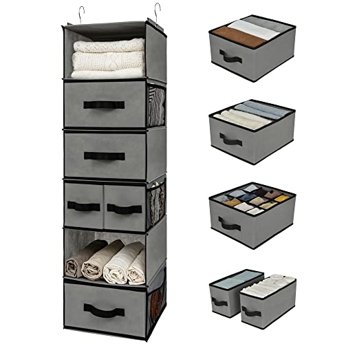 GRANNY SAYS Hanging Closet Organizer 6 Shelves, Closet Organization and Storage with 5 Different Drawers, 6 Side Pockets Wardrobe Clothes Organizer for Closet, Gray, 1-Pack