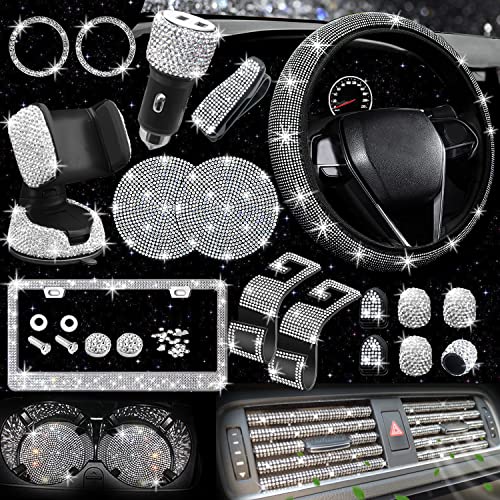 NBTEPEM 27 PCs Bling Car Accessories Set for Women, Bling Steering Wheel Covers Universal Fit 15 Inch, Bling License Plate Frames, Bling Phone Holder, Bling Car Fast Charger, Bling Car Coasters