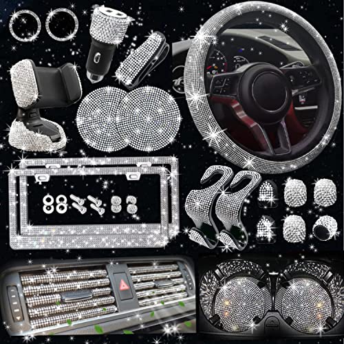 28 PCs Bling Car Accessories for Women Interior Cute Set,2 Pack Bling License Plate Frames, Phone Holder, Steering Wheel Covers Universal Fit 15 Inch,Car Fast Charger,Car Coasters & More