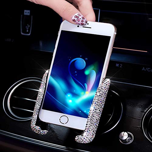 SUNCARACCL Bling Car Phone Holder Mini Car Dash Air Vent Automatic Phone Mount Universal 360Adjustable Crystal Auto Car Stand Phone Holder Car Accessories for Women and Girls (White)