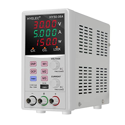 DC Power Supply Variable,Hyelec 50V 6A 150W Switching Regulated Bench Power Supply with Memory, 4-Digit LED Display, 110V Input Voltage, 5V2A USB Interface, Coarse and Fine Adjustments
