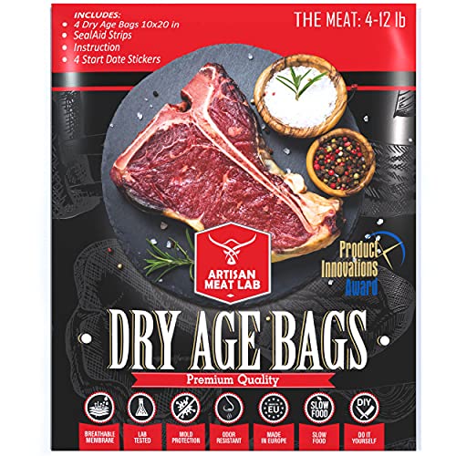 Artisan Meat LAB Dry Age Bags for Meat Easily Create DIY Dry Aging Meat at Home, No Vacuum Sealer Required. Breathable Membrane Kit for Dry Aged Beef 4pcs. 10x20 in (25x50 cm) 2-12 lb 1-5 kg