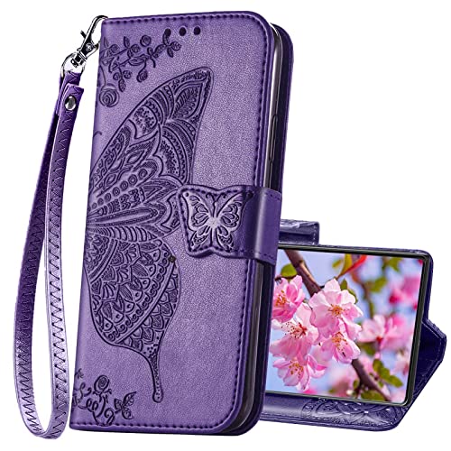 Designed for Samsung Galaxy S20 FE Case Wallet,Women Flip Cover with Butterfly Embossed PU Leather Kickstand Credit Card Holder Slots Magnetic Wrist Strap Phone Case for Samsung S20 FE 5G (Purple)