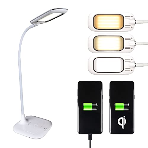 OttLite LED Desk Lamp with Wireless Charging, Prevention Series - Designed to Reduce Eyestrain - Adjustable Flexible Neck, 3 Color Modes & Touch Controls - Crafting, Office Work, Reading & Studying