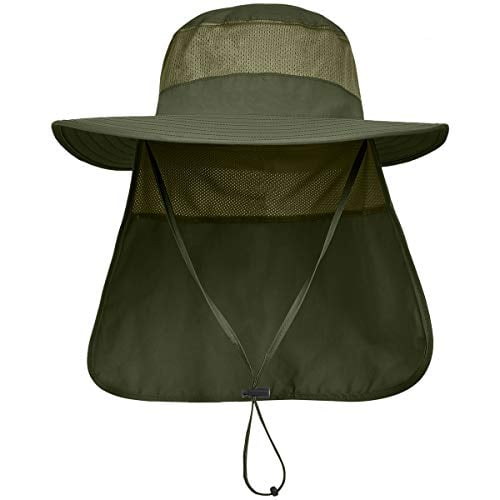 LCZTN Mens UPF 50+ Sun Protection Safari Cap Wide Brim Fishing Hiking Hat with Neck Flap for Garden Work (Army Green)