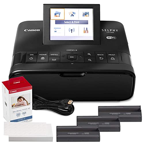 Canon SELPHY CP1300 Compact Photo Printer (Black) with WiFi and Accessory Bundle w/Canon Color Ink and Paper Set