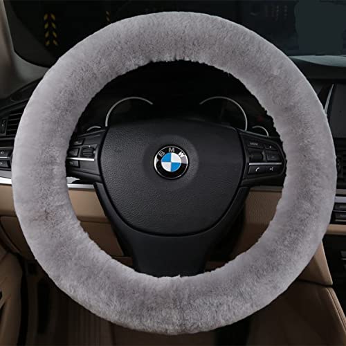 Sisha-A Wool Car Steering Wheel Cover 100% Australia Sheepskin Fur Steering Wheel Protector, Fluffy Warm Durable and High Elasticity Suit for Steering Wheel Size 14.5-16 inches (Grey)