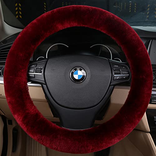 MLOVESIE Fluffy Wool Car Steering Wheel Cover Genuine Sheepskin Steering Wheels Interior Accessories for Women Anti-Slip Universal for 15 inch (Wine red)