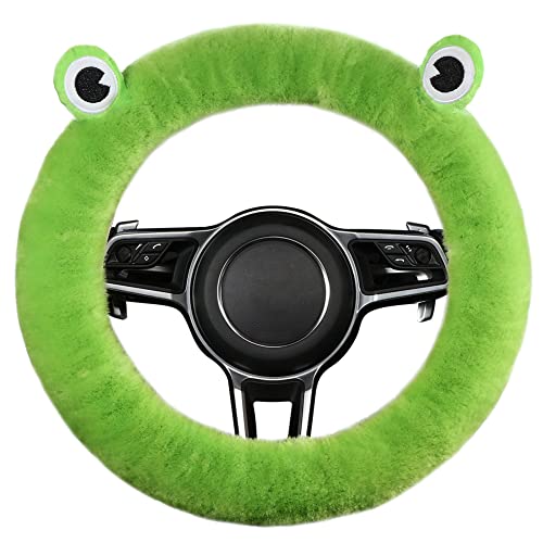 LLB Car Steering Wheel Cover, Cute Style Fluffy Genuine Wool Sheepskin Auto Steering Wheel Cover for Women Men Girls, Anti-Slip Universal Fit 13.5-16.5 inches Car Wheel (Frog Prince)