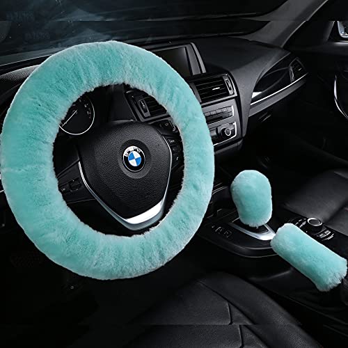 3Pcs/Set Pure Wool Fur Furry Steering Wheel Cover, Soft Fluffy Handbrake Cover Gear Shift Cover for Women Car SUV Truck Australia Sheepskin Accessories (Mint Green)