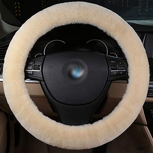 Sheepskin Steering Wheel Cover, Pure Wool Auto Steering Wheel Cover Genuine Car Steering Non-Slip Wheel Cushion Protector Available for 35cm-42cm (Pearl)