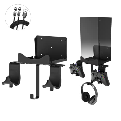 Hosanwell Xbox Series X Wall Mount,Metal Support-5 in 1 Xbox Series X Wall Mount kit with 2 Way Magnetic Charging Cable,Detachable Controller Holder & Headphone Hanger,Black