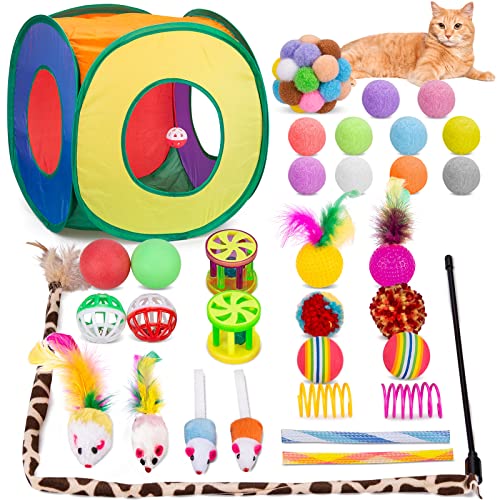 Cat Toys Set, Interactive Cat Kitten Toys for Indoor Cats with Collapsible Cat Play Tunnel Tube Cat Feather Wand Teaser Rainbow Cat Bell Balls Fuzzy Ball Springs Mouse Toys for Cat Kitty