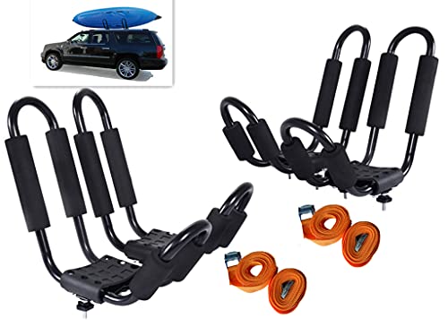 FDB J Cross Bar 2 Pairs = 4 PCS Universal Kayak Canoe Top Mount Carrier Roof Rack Boat SUV Truck Van Car with 4 pcs Tie Down Straps