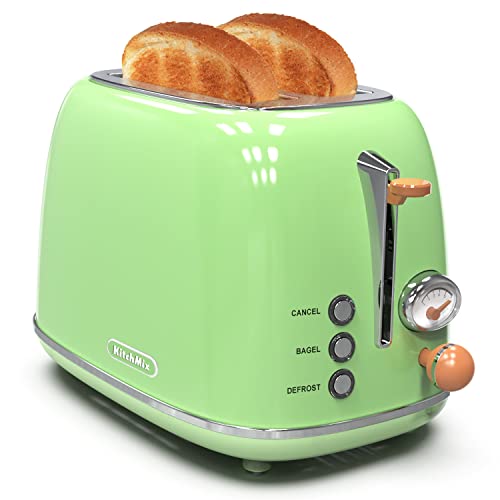 Toaster 2 slice, KitchMix Retro Stainless Steel Toaster with 6 Settings, 1.5 In Extra Wide Slots, Bagel/Defrost/Cancel Function, Removable Crumb Tray (Oliver-green)