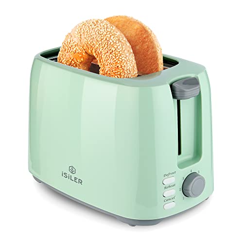iSiLER 2 Slice Toaster, 1.3 Inches Wide Slot Bagel Toaster with 7 Shade Settings and Double Side Baking, Compact Bread Toaster with Removable Crumb Tray, Defrost Cancel Function Green