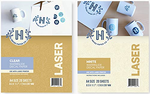 Hayes Paper, BUNDLE Waterslide Decal Paper LASER CLEAR 20 Sheets AND WHITE 20 Sheets Printable Water Slide Decals of A4 Size