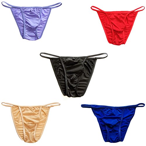 Mlovew Men's Comfortable Silky Bugle Pouch Tanga Strings Underwear Brief Bikini, 5-pack Mixed Color C, Large