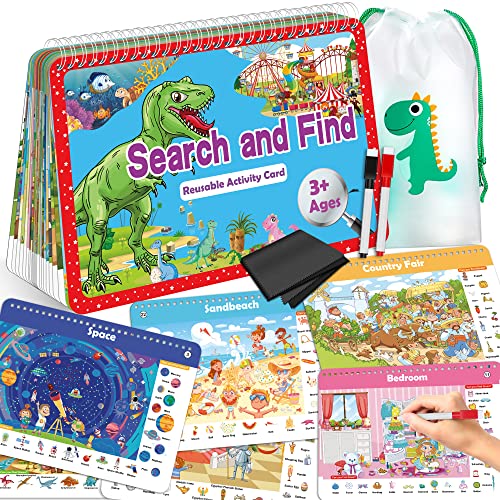 Elfew Search and Find Books for Kids Ages 3 to 8, Reusable Activity Mats with 2 Dry Erase Markers 24 Themes Activity Book,Educational Toys for 3+ Year Old