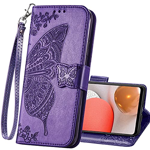 Galaxy A32 5G Case,for Samsung A32 5G PU Leather Wallet Flip Protective Phone Case with Wrist Strap Card Slots Holder Pocket Emboss Butterfly Flower Stand Case for Samsung Galaxy A32 5G Purple