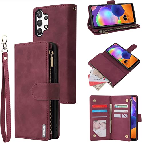 LBYZCASE Phone Case for Galaxy A32 5G,Samsung A32 5G Wallet Case,Folio Flip Leather Cover[Zipper Pocket][Wrist Strap][Kickstand ][Magnetic Closure] for Samsung Galaxy A32 5G (Wine Red)