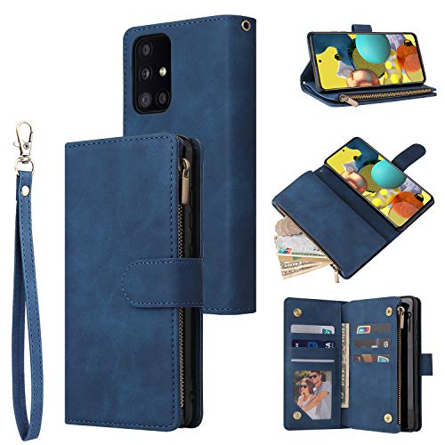 RANYOK Compatible with Galaxy A32 5G Wallet Case, Premium PU Leather Zipper Flip Folio RFID Blocking Wallet with Card Slot Wrist Strap Magnetic Closure Built-in Kickstand Protective Case (Blue)