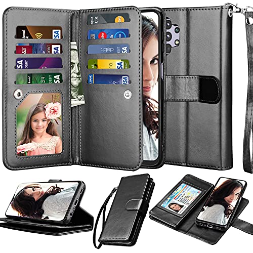 NJJEX Case for Samsung Galaxy A32 5G, for Galaxy A32 5G Wallet Case, [9 Card Slots] PU Leather Credit Holder Folio Flip [Detachable] Kickstand Magnetic Phone Cover & Lanyard for Samsung A32 [Black]