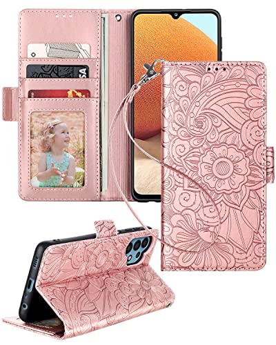 Petocase for Samsung Galaxy A32 5G Wallet Case,Embossed Mandala Floral Leather Folio Flip Wristlet Shockproof Protective ID Credit Card Slots Holder Cover for Samsung Galaxy A32 5G Rose Gold
